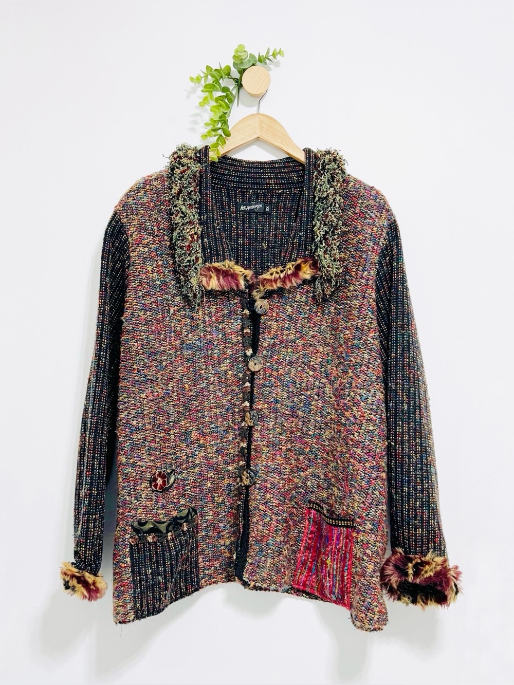Lee Andersen Artsy Boho Chunky Knit Patchwork Cardigan Sweater